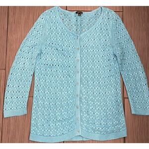 Talbots Blue 100% Linen Cardigan Comfort Stretch Open Knit Button Size Medium